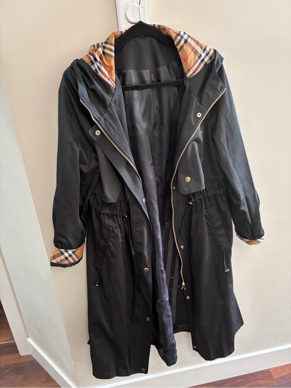 Black Hooded Trench Coat with Plaid Trim (large )